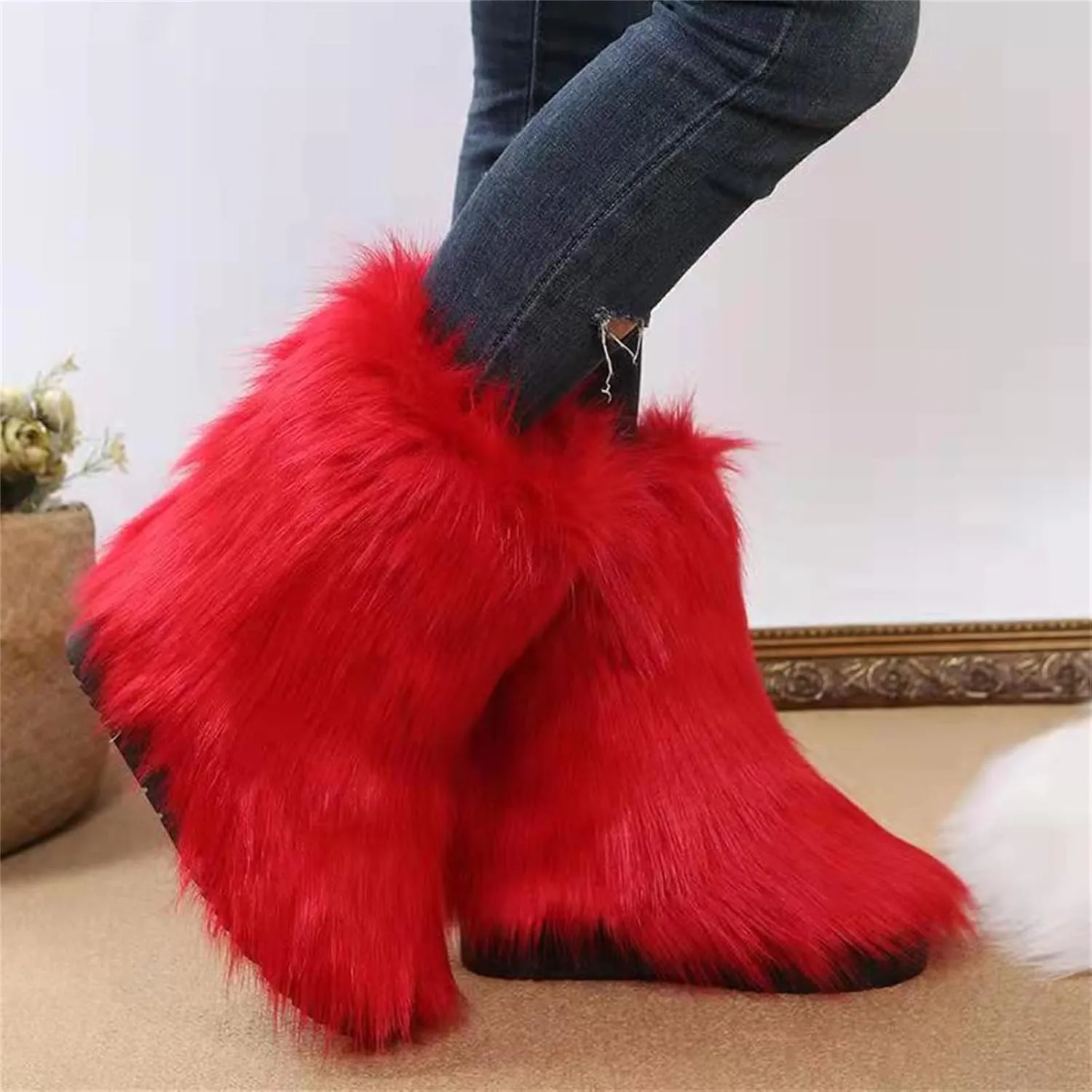 Furry Faux Fur Boots for Women Outdoor Flat Shoes Winter Warm Fuzzy Fluffy Furry Ankle Boots Mid Calf Snow Booties
