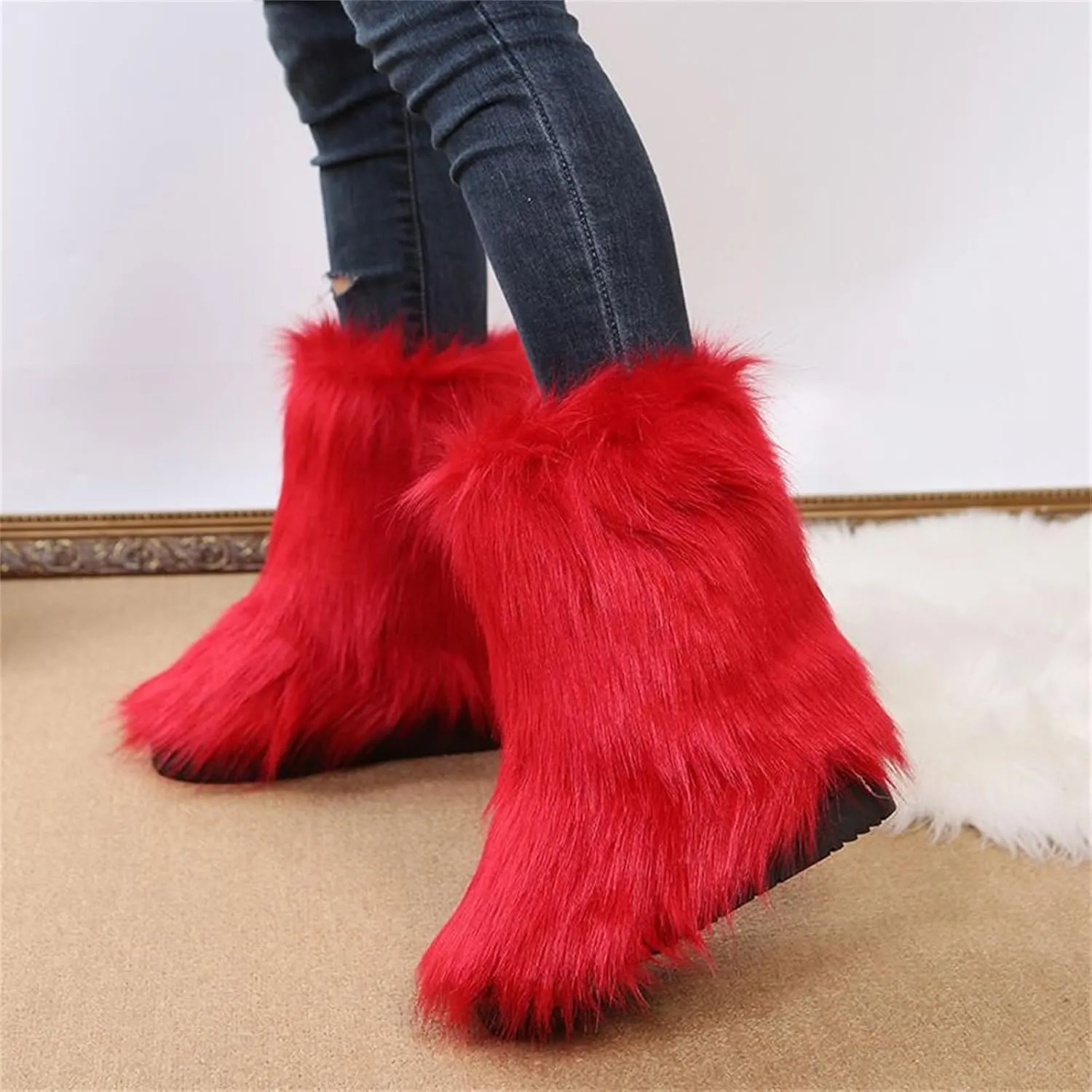 Furry Faux Fur Boots for Women Outdoor Flat Shoes Winter Warm Fuzzy Fluffy Furry Ankle Boots Mid Calf Snow Booties