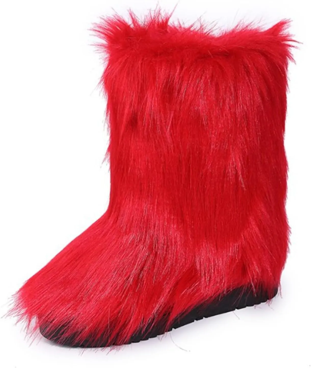 Furry Faux Fur Boots for Women Outdoor Flat Shoes Winter Warm Fuzzy Fluffy Furry Ankle Boots Mid Calf Snow Booties
