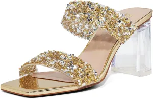 GENSHUO High Chunky Heels for Women Fashion Comfort Slip on Square Open Toe Block Heel Sandals Two Strap Backless Mules
