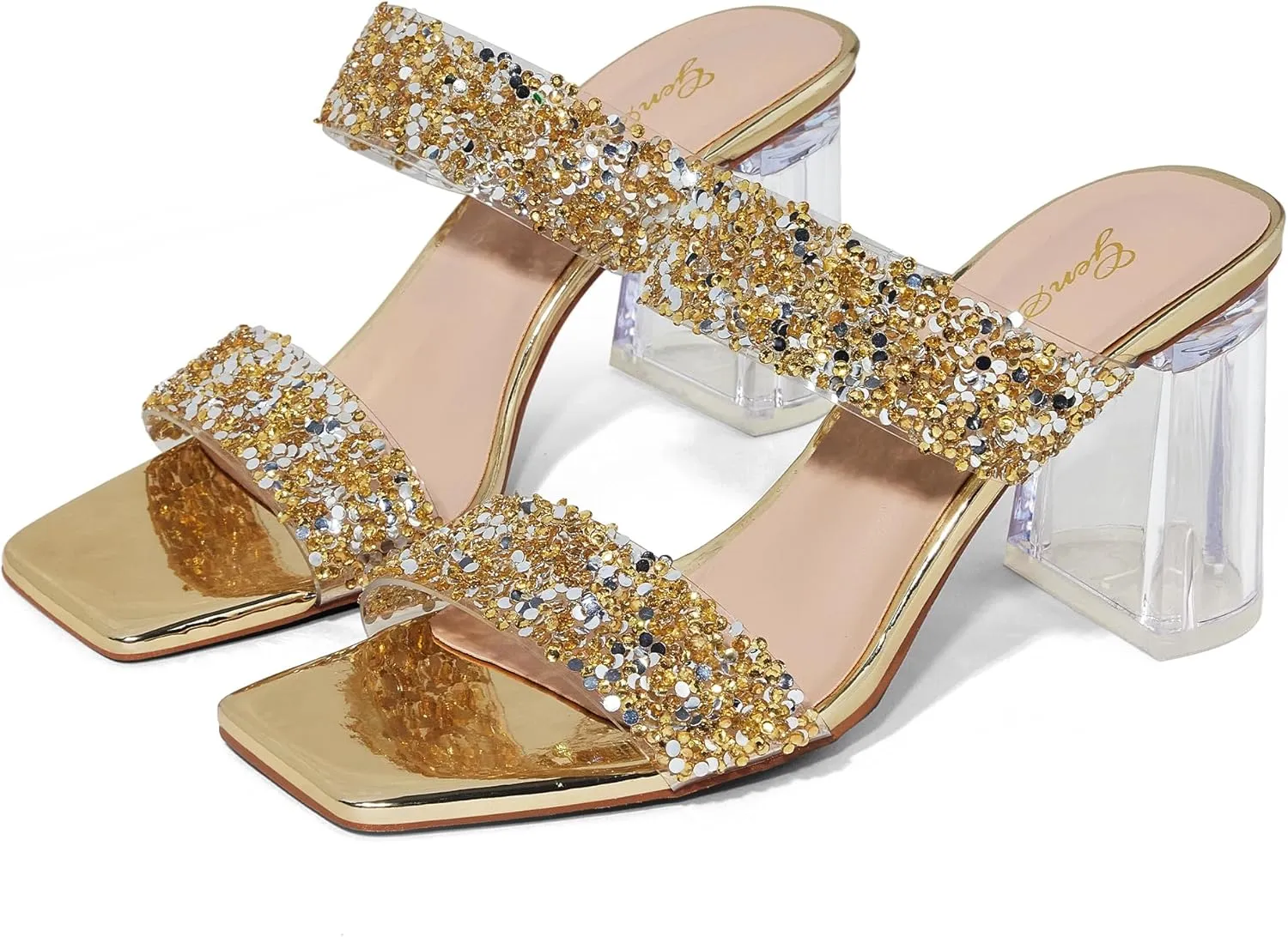 GENSHUO High Chunky Heels for Women Fashion Comfort Slip on Square Open Toe Block Heel Sandals Two Strap Backless Mules