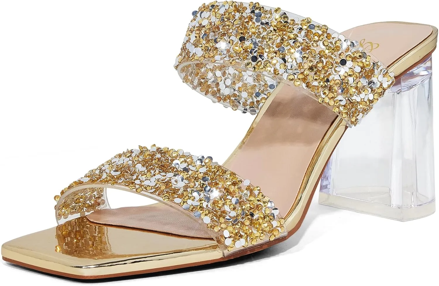 GENSHUO High Chunky Heels for Women Fashion Comfort Slip on Square Open Toe Block Heel Sandals Two Strap Backless Mules