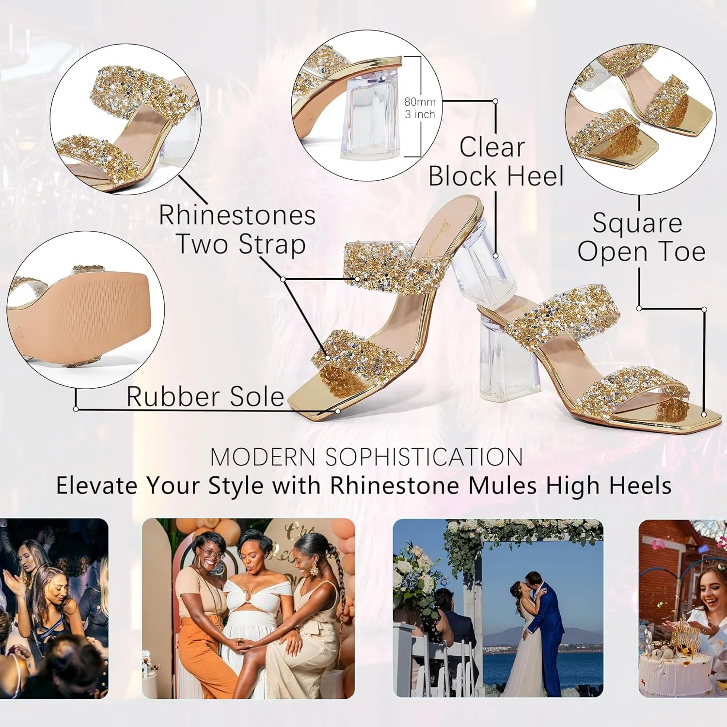 GENSHUO High Chunky Heels for Women Fashion Comfort Slip on Square Open Toe Block Heel Sandals Two Strap Backless Mules