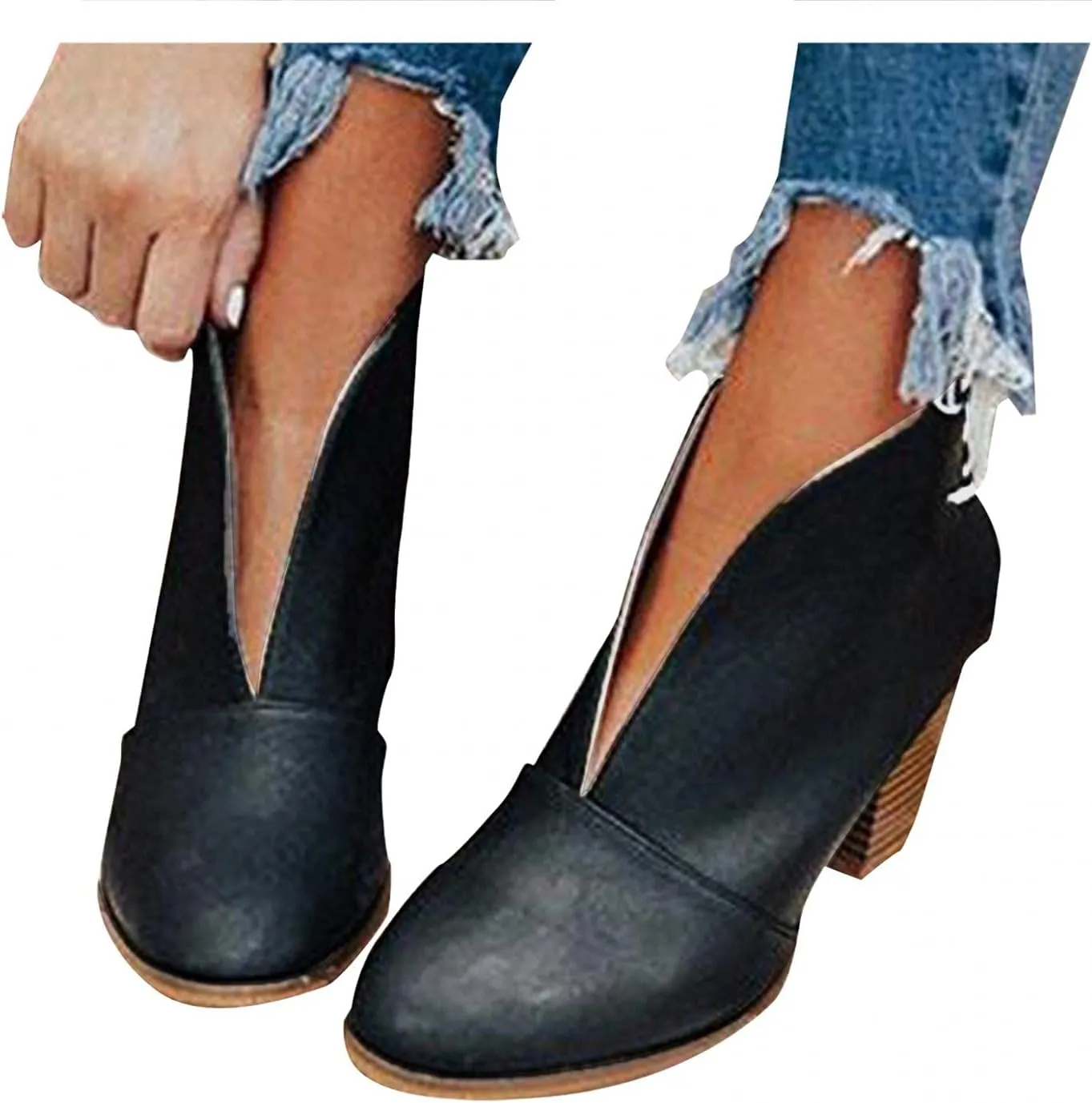 Gibobby Ankle Boots for Women Dressy Wedge Boots V Cutout Autumn Dressing Stacked Chunky Heel Short Cowboy Booties 2022 Fall Boots