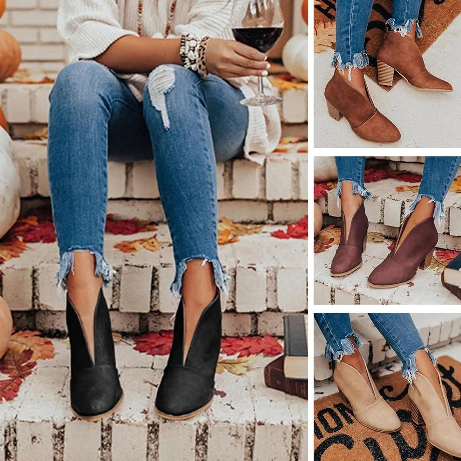 Gibobby Ankle Boots for Women Dressy Wedge Boots V Cutout Autumn Dressing Stacked Chunky Heel Short Cowboy Booties 2022 Fall Boots