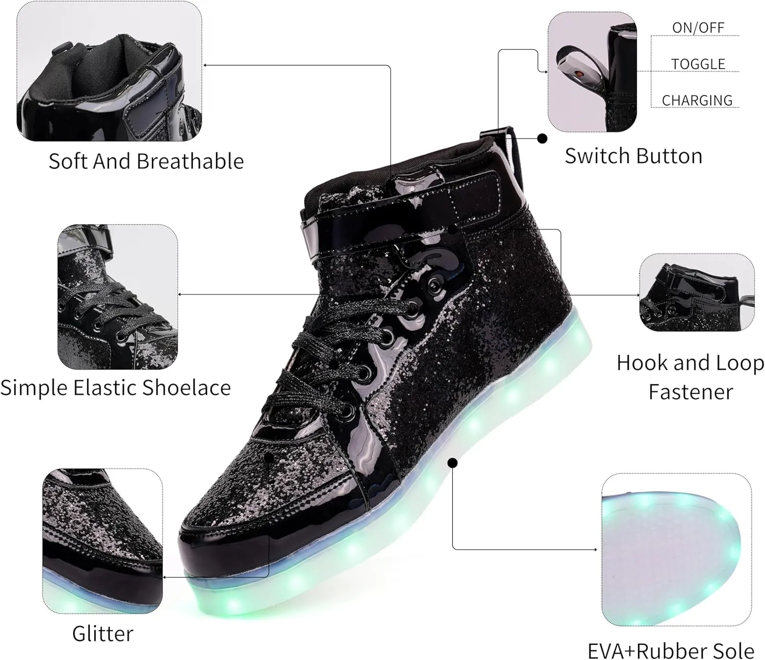 Glitter Led Shoes Light Up Shoes High Top Sneakers for Women Men Flashing Dancing Shoes for Halloween Christmas Party with USB Charging