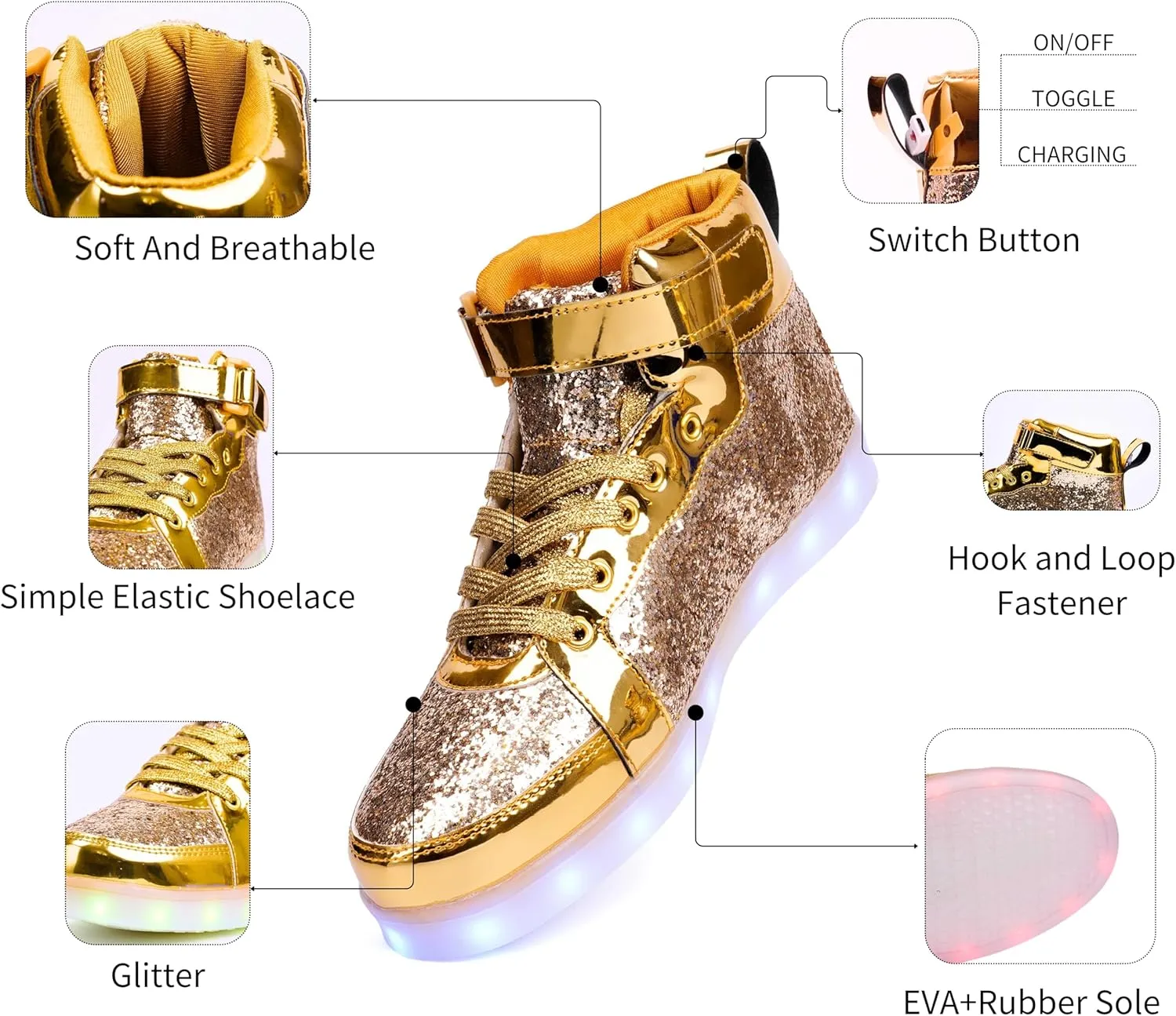Glitter Led Shoes Light Up Shoes High Top Sneakers for Women Men Flashing Dancing Shoes for Halloween Christmas Party with USB Charging