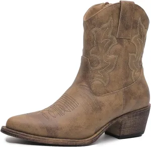 GLOBALWIN Cowboy Boots For Women Cute Cowgirl Boots Women's Western Boots With Embroidery Side Zipper Chunky Heel
