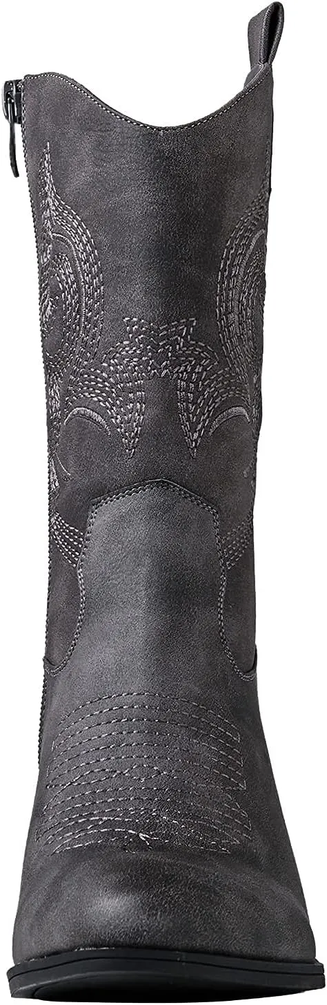 GLOBALWIN Women's Mid Calf The Western Cowgirl Boots Fashion Cowboy Boots For Women Chunky Low Heel
