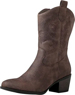 GLOBALWIN Women's Mid Calf The Western Cowgirl Boots Fashion Cowboy Boots For Women Chunky Low Heel