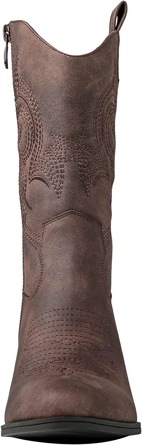 GLOBALWIN Women's Mid Calf The Western Cowgirl Boots Fashion Cowboy Boots For Women Chunky Low Heel
