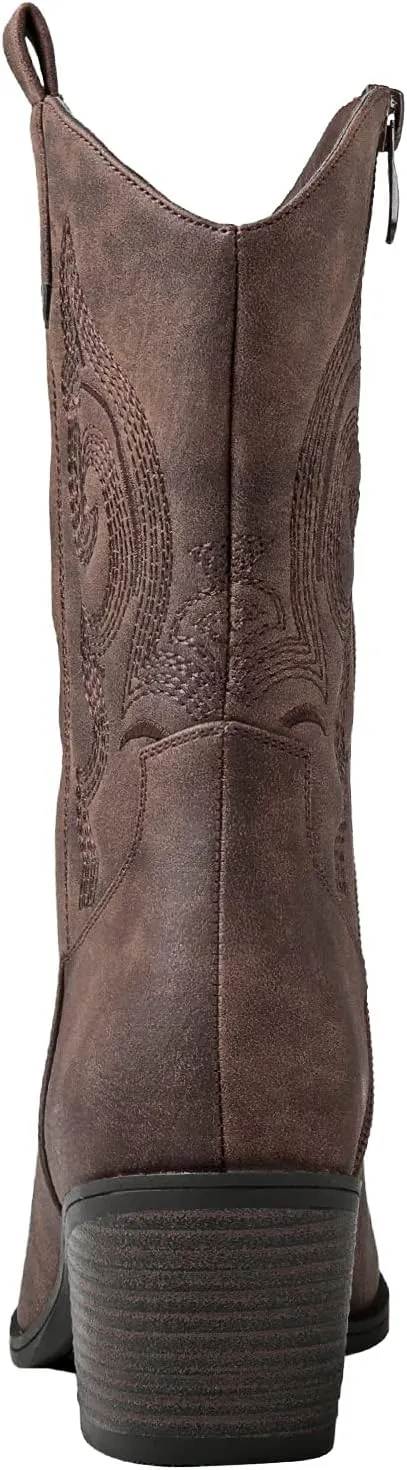 GLOBALWIN Women's Mid Calf The Western Cowgirl Boots Fashion Cowboy Boots For Women Chunky Low Heel