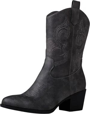 GLOBALWIN Women's Mid Calf The Western Cowgirl Boots Fashion Cowboy Boots For Women Chunky Low Heel