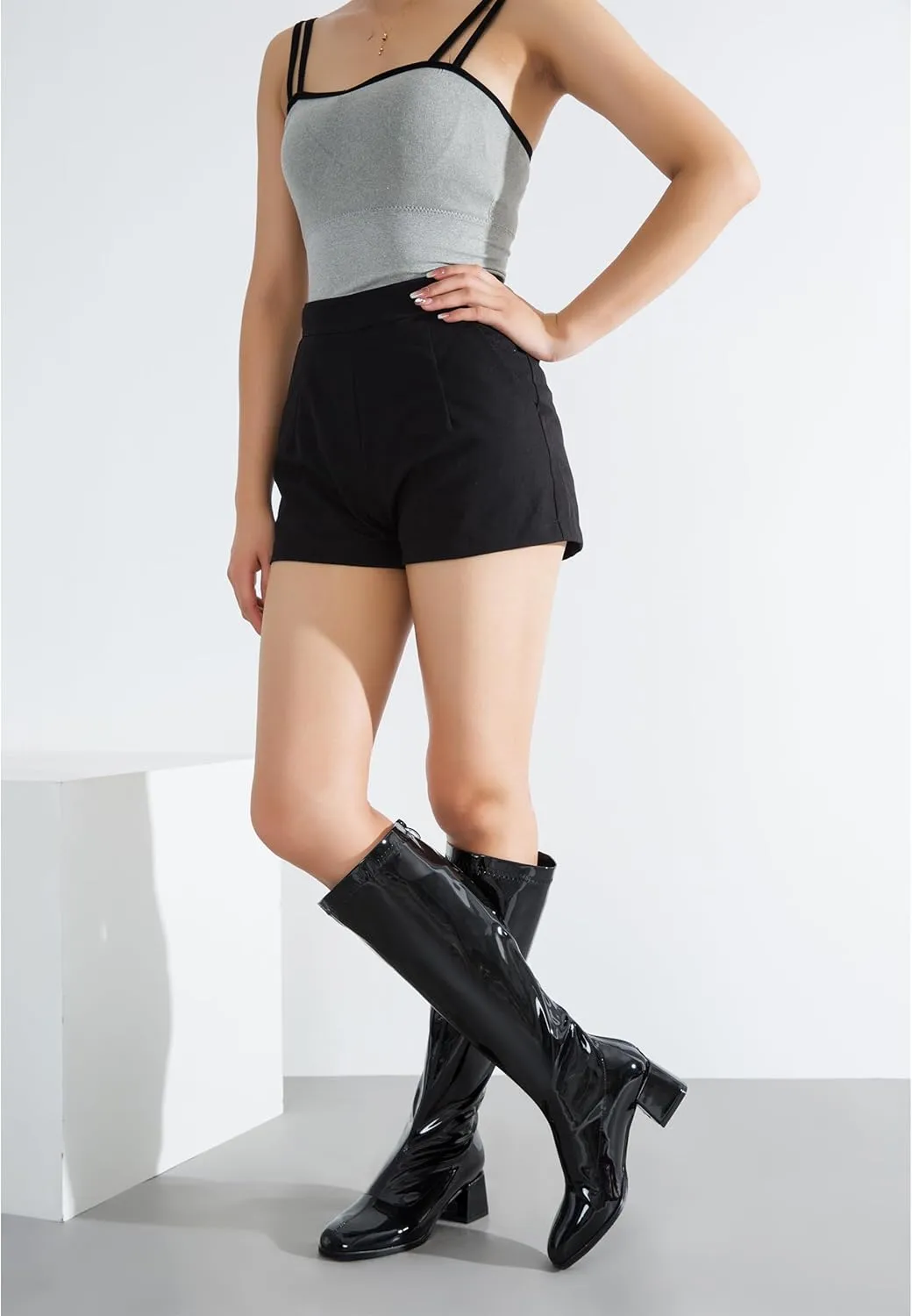 GOGO Boots for Women, Knee High Boots, Mid Block Heel Zipper Boots Ladies Party Dance Shoes