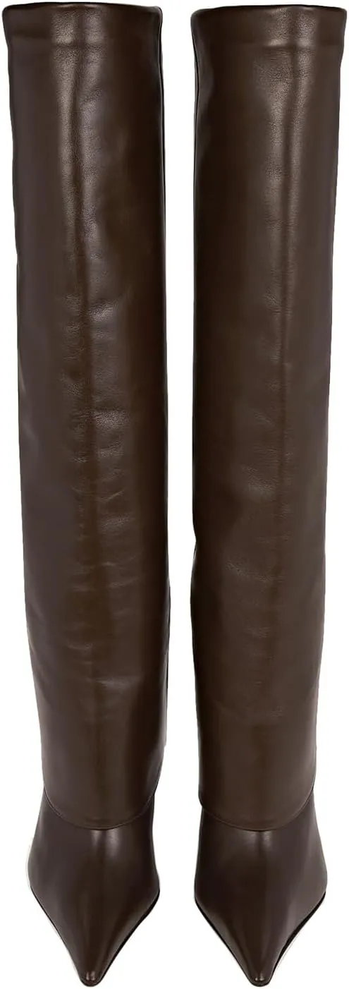 Goolita Fold Over Boots For Women, Pointed Toe Stiletto Heel Knee High Boots Fashion Comfortable Slip On Tall Boots