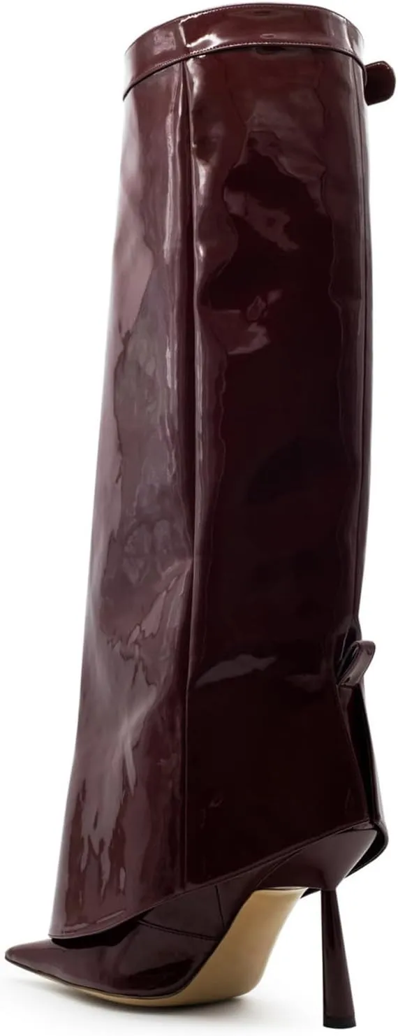 Goolita Fold Over Boots For Women, Pointed Toe Stiletto Heel Knee High Boots Fashion Comfortable Slip On Tall Boots
