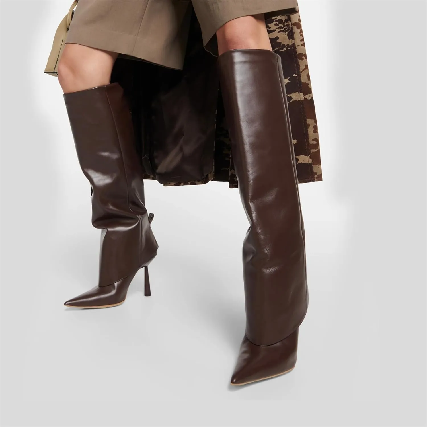 Goolita Fold Over Boots For Women, Pointed Toe Stiletto Heel Knee High Boots Fashion Comfortable Slip On Tall Boots