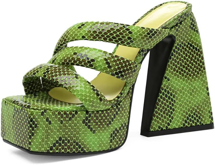 Goolita Summer Chunky Heel Platform Sandals For Women Snakeskin Square Toe Heeled Sandals Slip on Sexy Backless Mule Heeled Slides