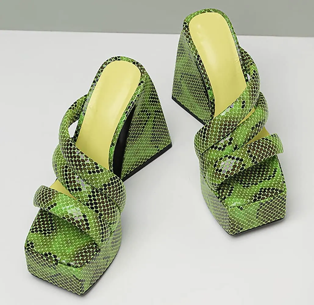Goolita Summer Chunky Heel Platform Sandals For Women Snakeskin Square Toe Heeled Sandals Slip on Sexy Backless Mule Heeled Slides