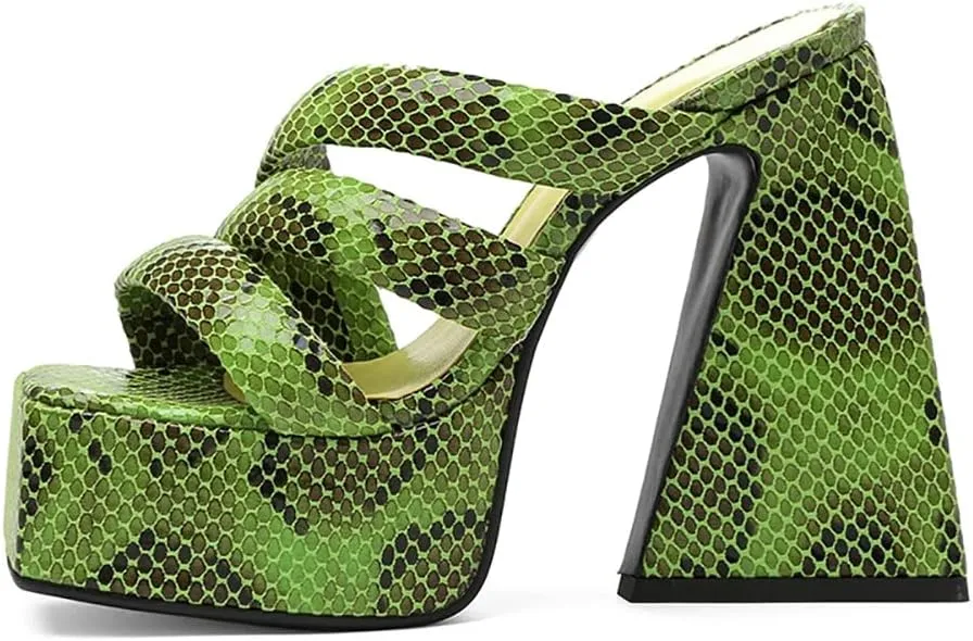 Goolita Summer Chunky Heel Platform Sandals For Women Snakeskin Square Toe Heeled Sandals Slip on Sexy Backless Mule Heeled Slides