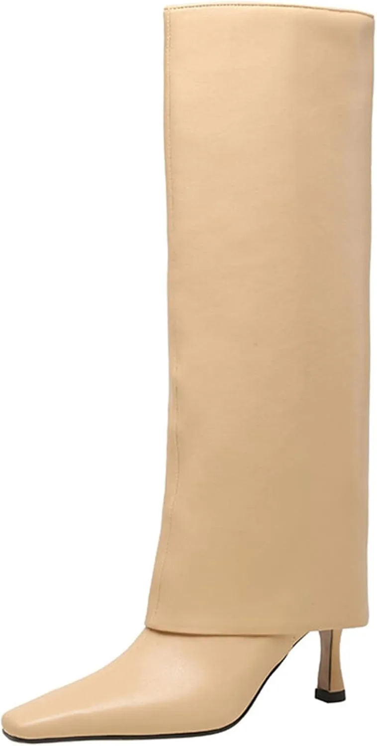 Goolita Women's Stiletto Heel Knee High Boots Square Toe Slip On Fold Over Boots For Women Leather Comfortable Dress Tall Boots