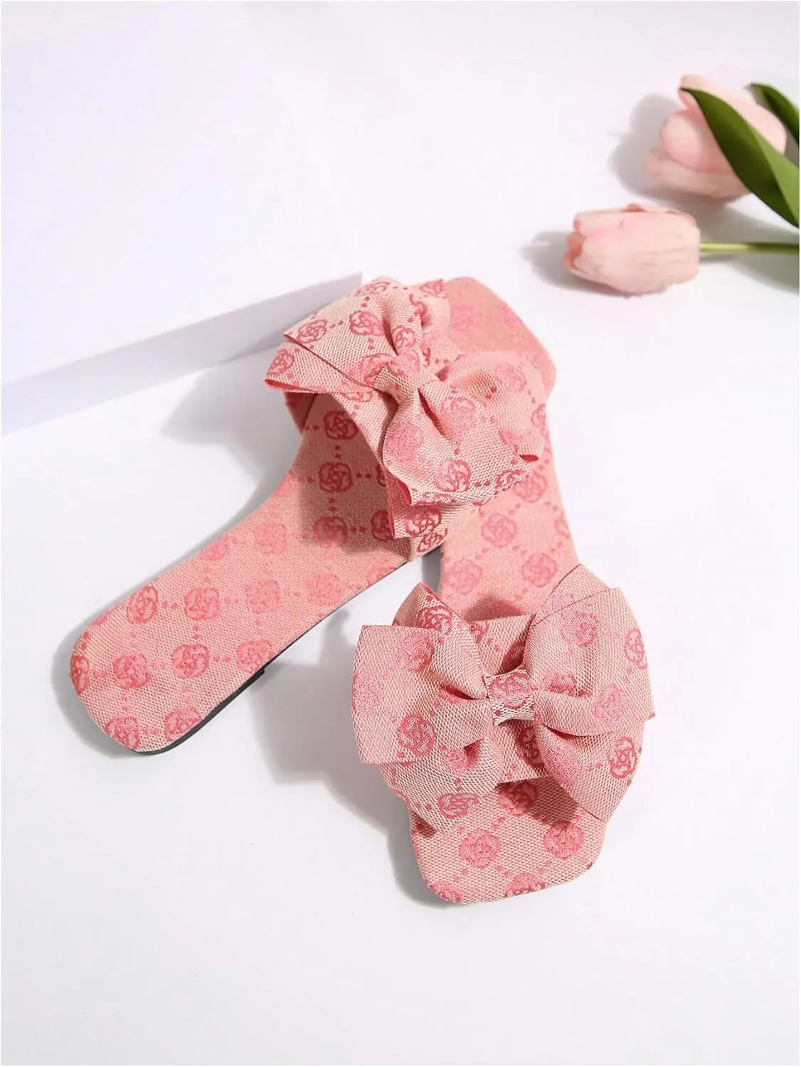 GORGLITTER Women's Bow Cute Trendy Sandals 2025 Graphic Print Dressy Open Square Toe Summer Slide Flat Sandals