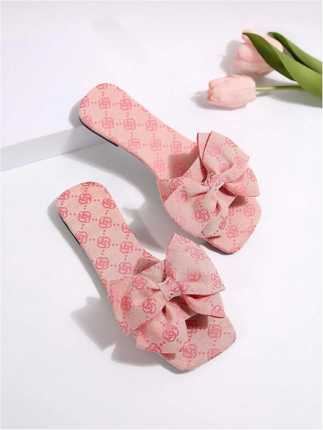 GORGLITTER Women's Bow Cute Trendy Sandals 2025 Graphic Print Dressy Open Square Toe Summer Slide Flat Sandals