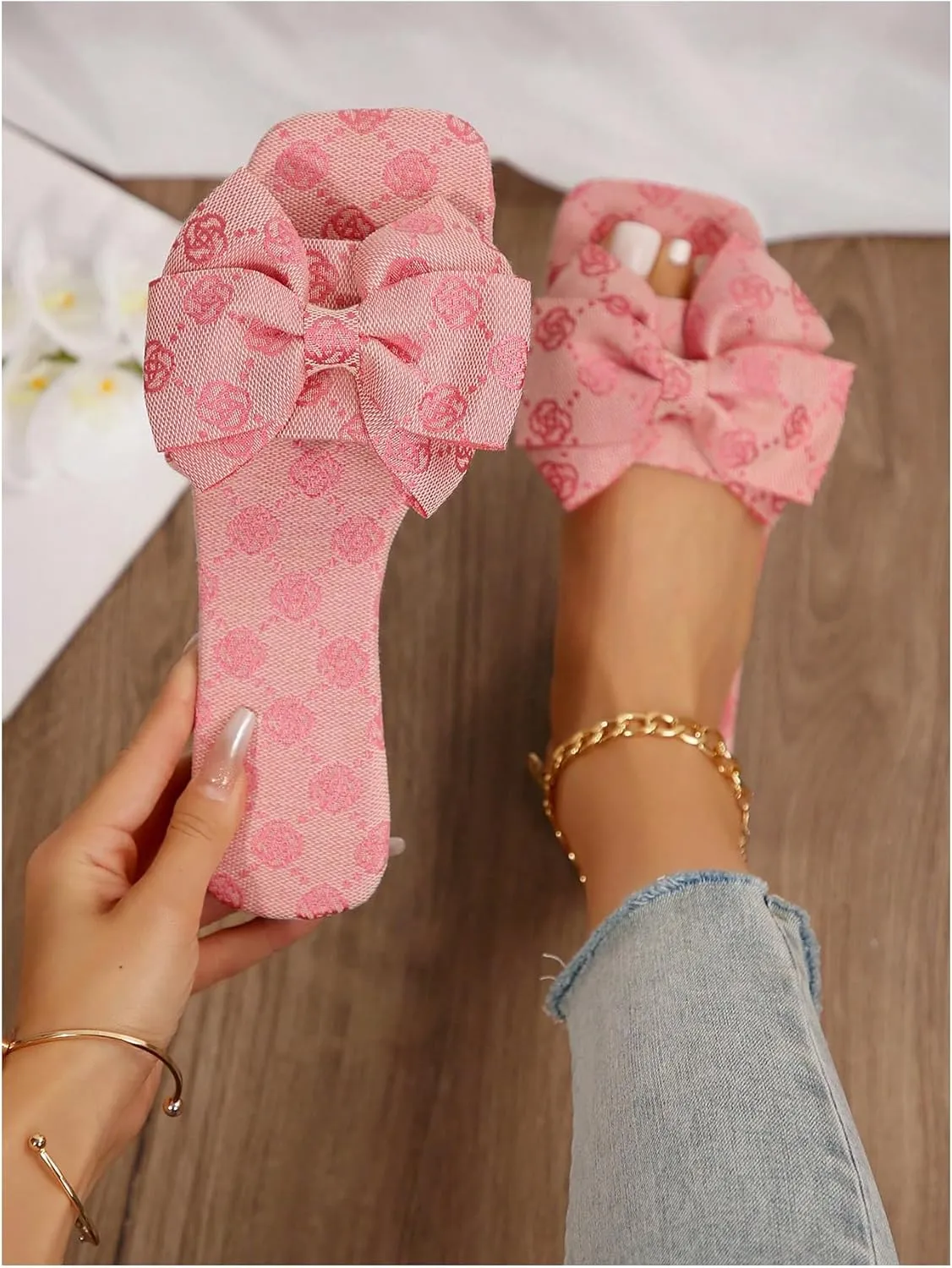 GORGLITTER Women's Bow Cute Trendy Sandals 2025 Graphic Print Dressy Open Square Toe Summer Slide Flat Sandals