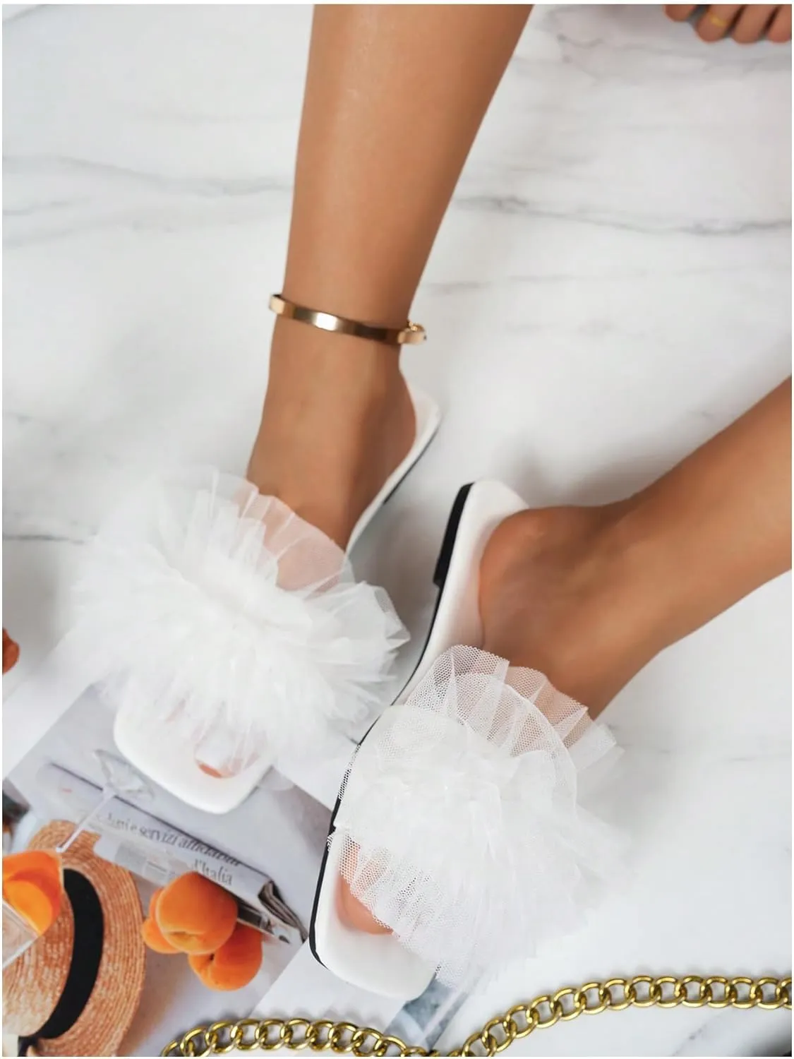 GORGLITTER Women's Wedding Sandals for Bride Ruffle Flat Sandals Dressy Square Open Toe Slip On Slides Comfortable Summer Shoes