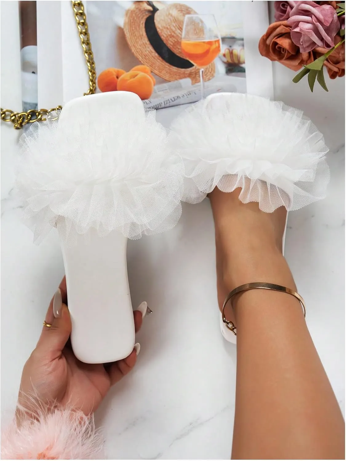 GORGLITTER Women's Wedding Sandals for Bride Ruffle Flat Sandals Dressy Square Open Toe Slip On Slides Comfortable Summer Shoes