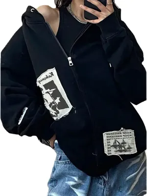 Gothic Hoodie With Hat Print - Dark Harajuku Sportswear With Patches - Casual Oversize Street Hip Hop Trend