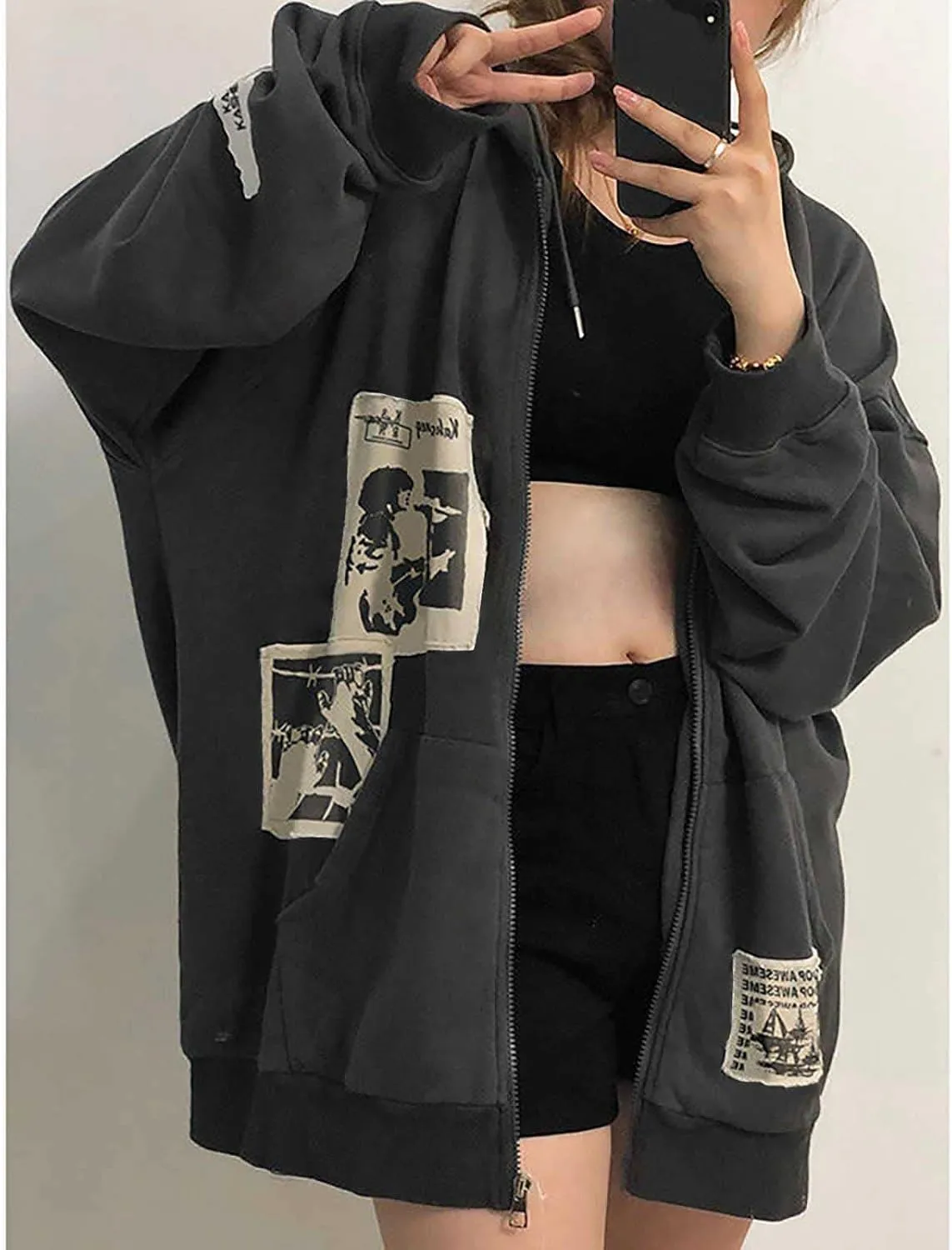 Gothic Hoodie With Hat Print - Dark Harajuku Sportswear With Patches - Casual Oversize Street Hip Hop Trend