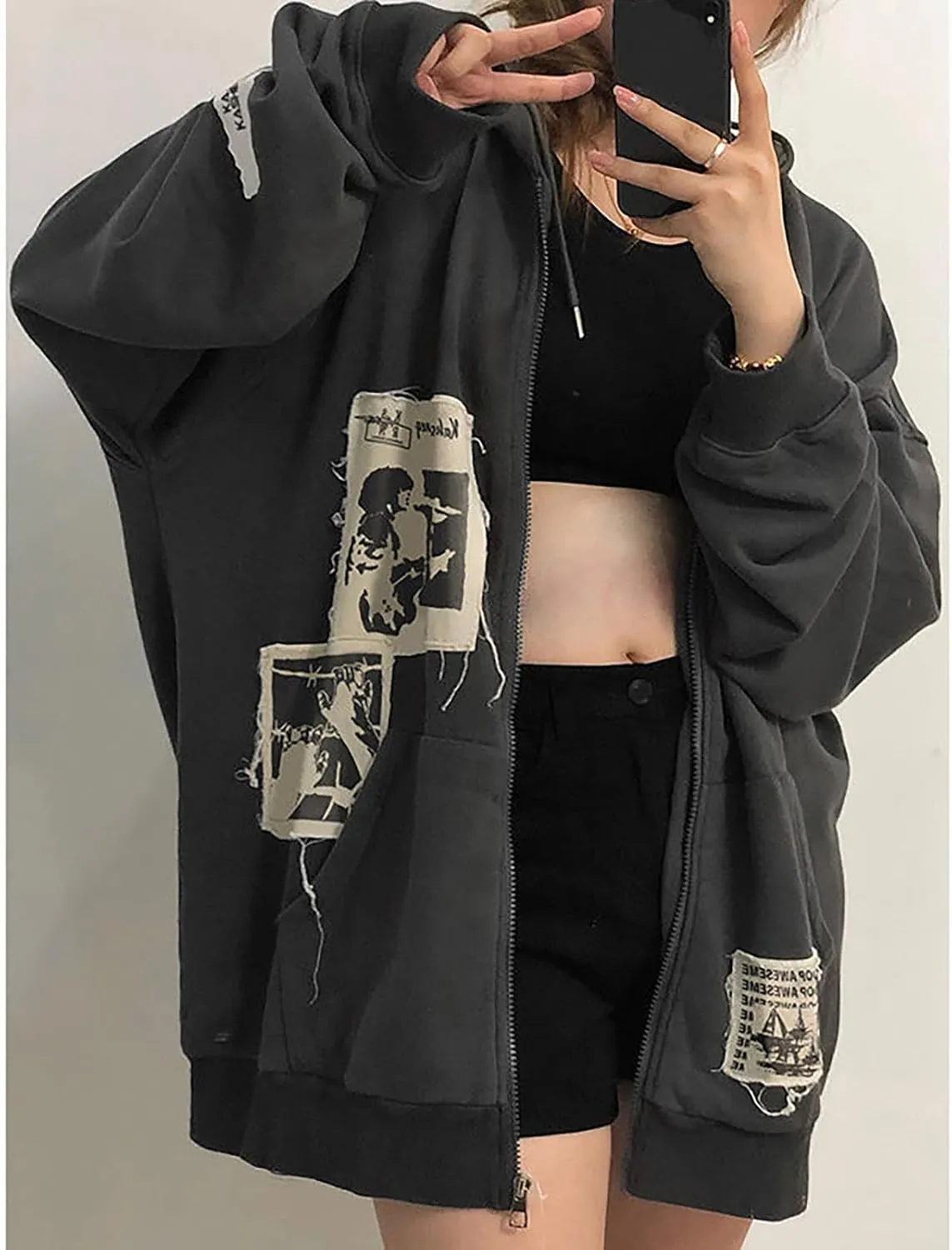 Gothic Hoodie With Hat Print - Dark Harajuku Sportswear With Patches - Casual Oversize Street Hip Hop Trend