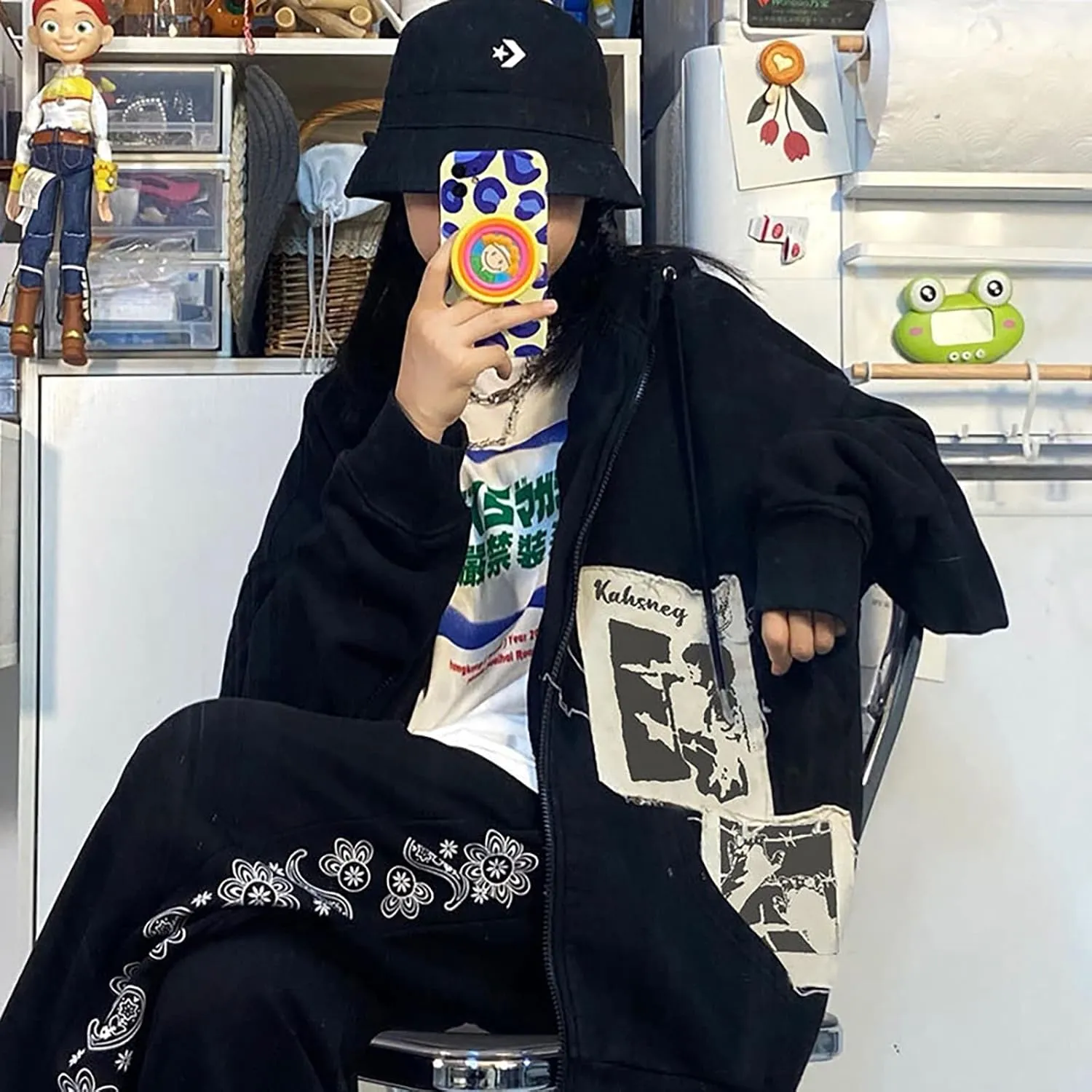 Gothic Hoodie With Hat Print - Dark Harajuku Sportswear With Patches - Casual Oversize Street Hip Hop Trend