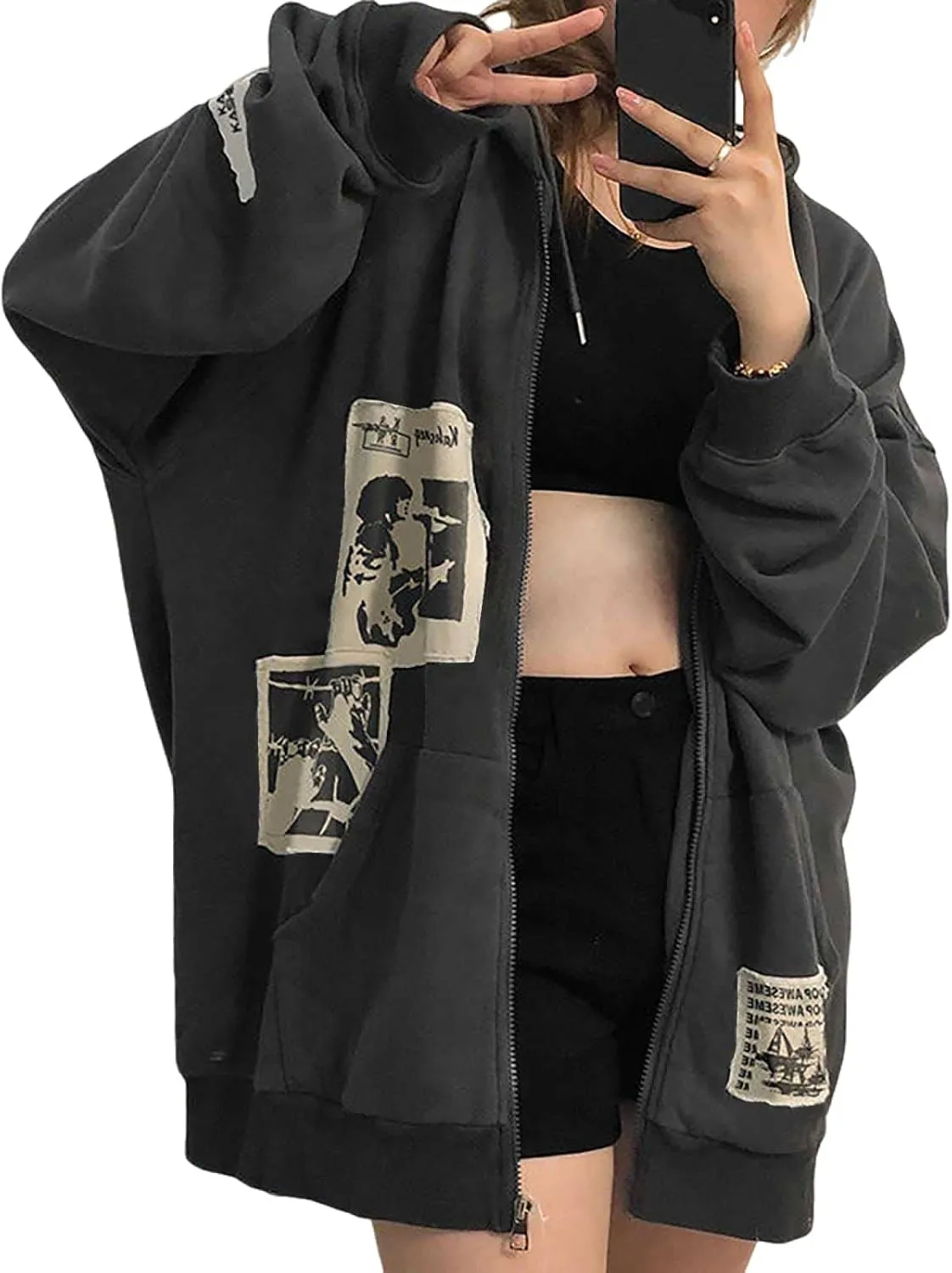 Gothic Hoodie With Hat Print - Dark Harajuku Sportswear With Patches - Casual Oversize Street Hip Hop Trend