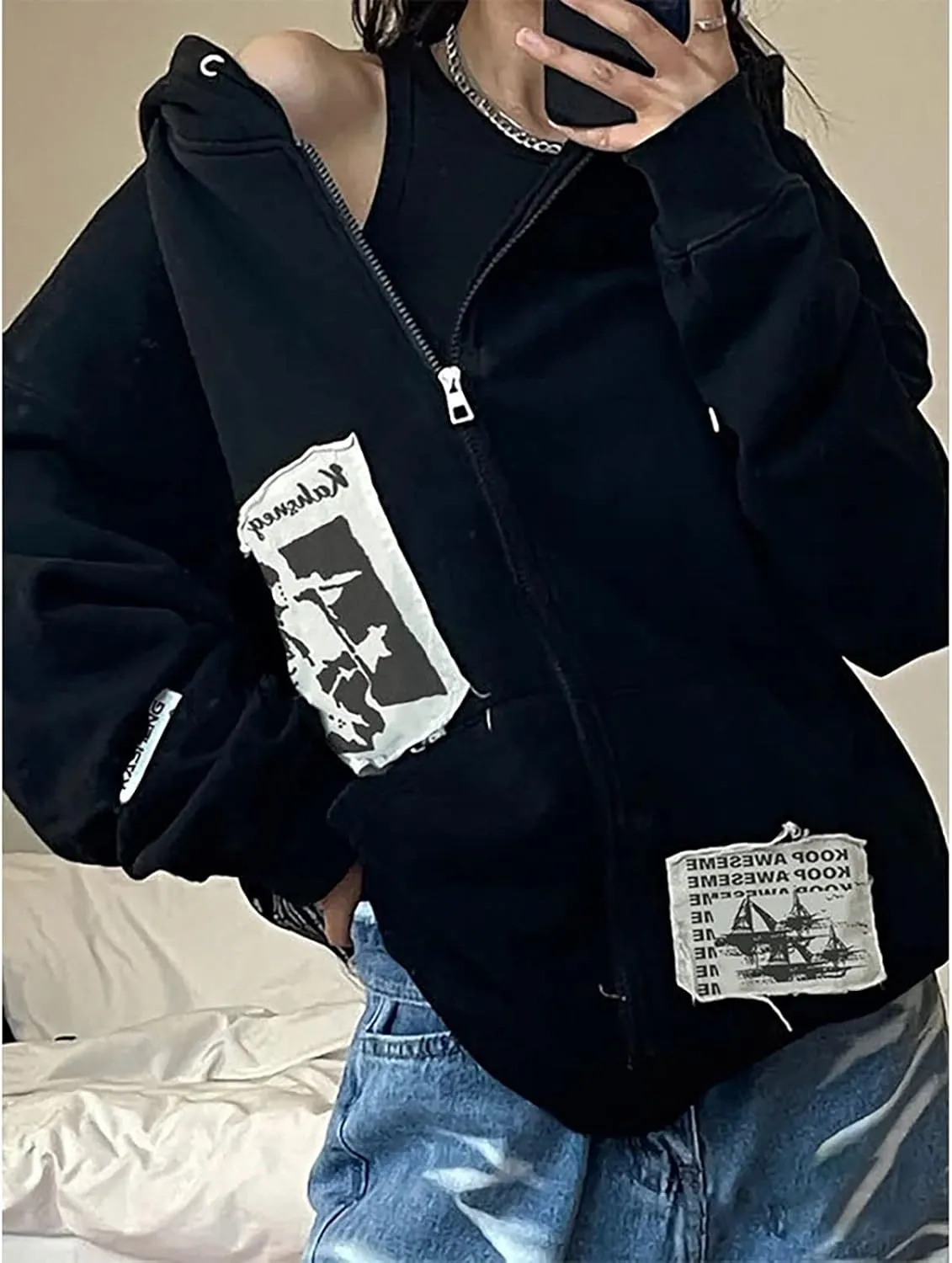 Gothic Hoodie With Hat Print - Dark Harajuku Sportswear With Patches - Casual Oversize Street Hip Hop Trend