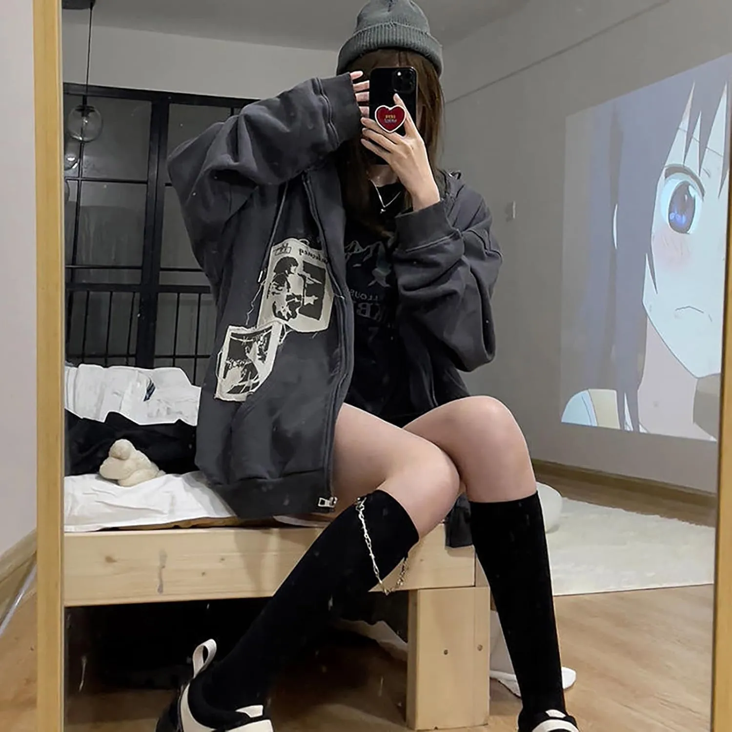 Gothic Hoodie With Hat Print - Dark Harajuku Sportswear With Patches - Casual Oversize Street Hip Hop Trend