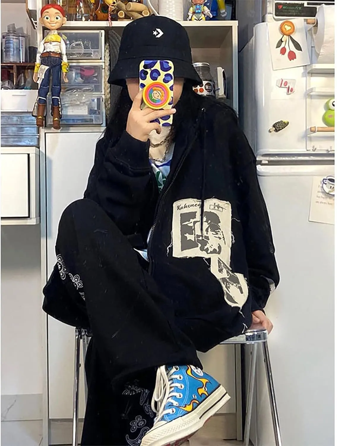 Gothic Hoodie With Hat Print - Dark Harajuku Sportswear With Patches - Casual Oversize Street Hip Hop Trend