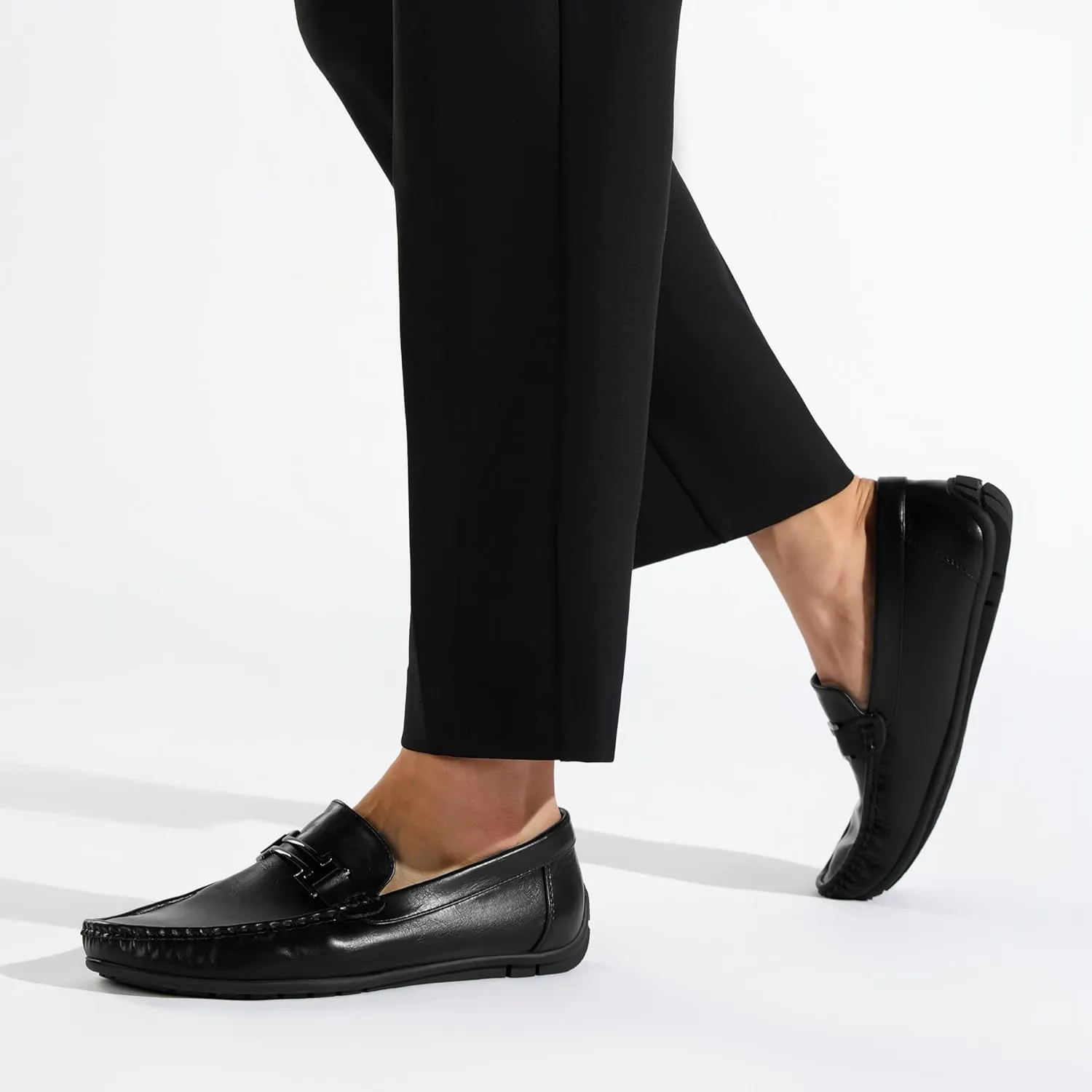 HEEZ Men's Loafers, Casual Slip On Shoes, Soft Penny Loafers, Comfortable Flats Dress Shoes, Leather Driving Boat Shoes with Arch Support, Square Toe, TPR Anti-Slip Outsole