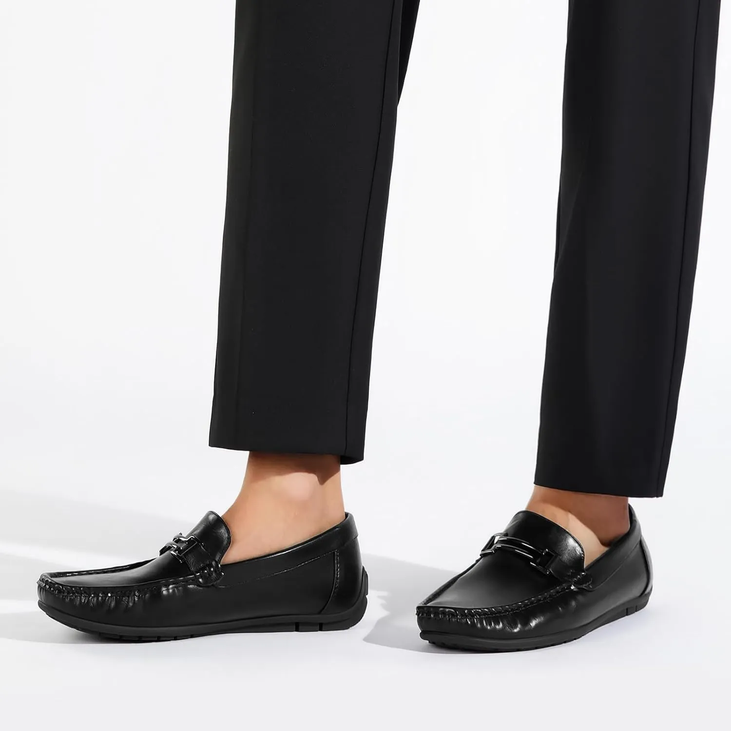 HEEZ Men's Loafers, Casual Slip On Shoes, Soft Penny Loafers, Comfortable Flats Dress Shoes, Leather Driving Boat Shoes with Arch Support, Square Toe, TPR Anti-Slip Outsole