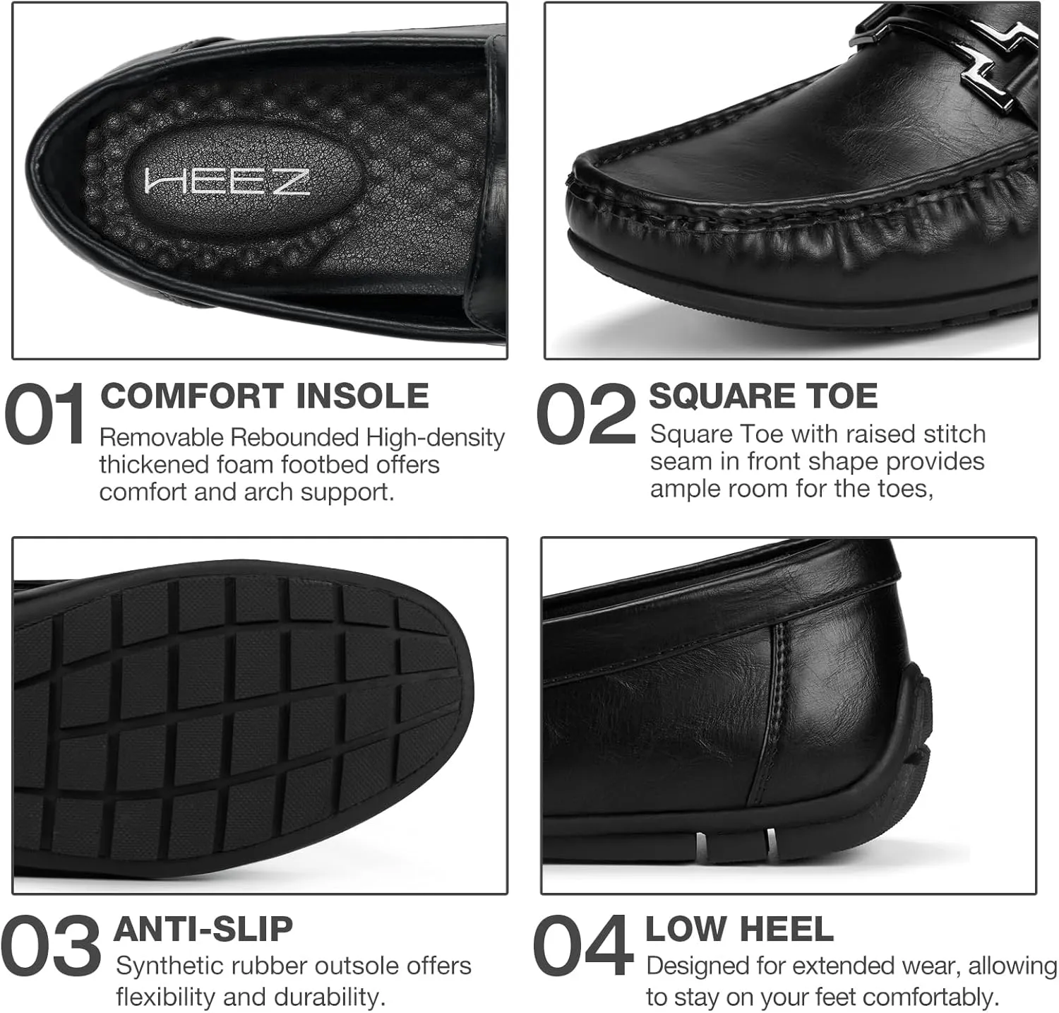 HEEZ Men's Loafers, Casual Slip On Shoes, Soft Penny Loafers, Comfortable Flats Dress Shoes, Leather Driving Boat Shoes with Arch Support, Square Toe, TPR Anti-Slip Outsole