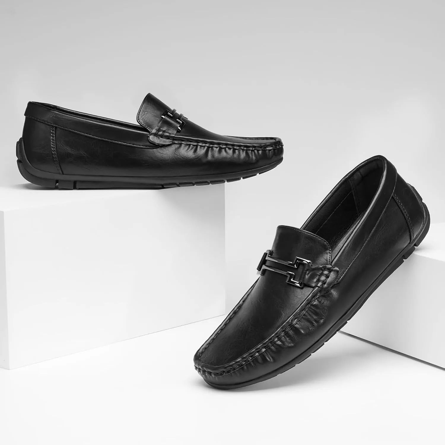 HEEZ Men's Loafers, Casual Slip On Shoes, Soft Penny Loafers, Comfortable Flats Dress Shoes, Leather Driving Boat Shoes with Arch Support, Square Toe, TPR Anti-Slip Outsole