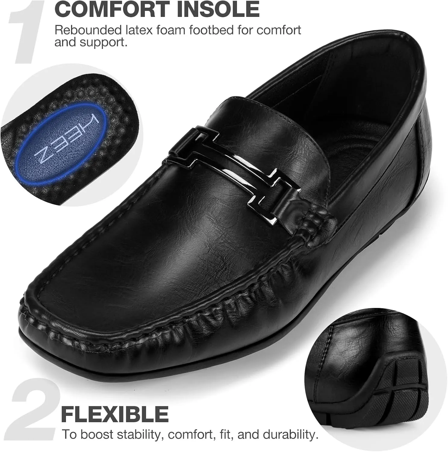 HEEZ Men's Loafers, Casual Slip On Shoes, Soft Penny Loafers, Comfortable Flats Dress Shoes, Leather Driving Boat Shoes with Arch Support, Square Toe, TPR Anti-Slip Outsole