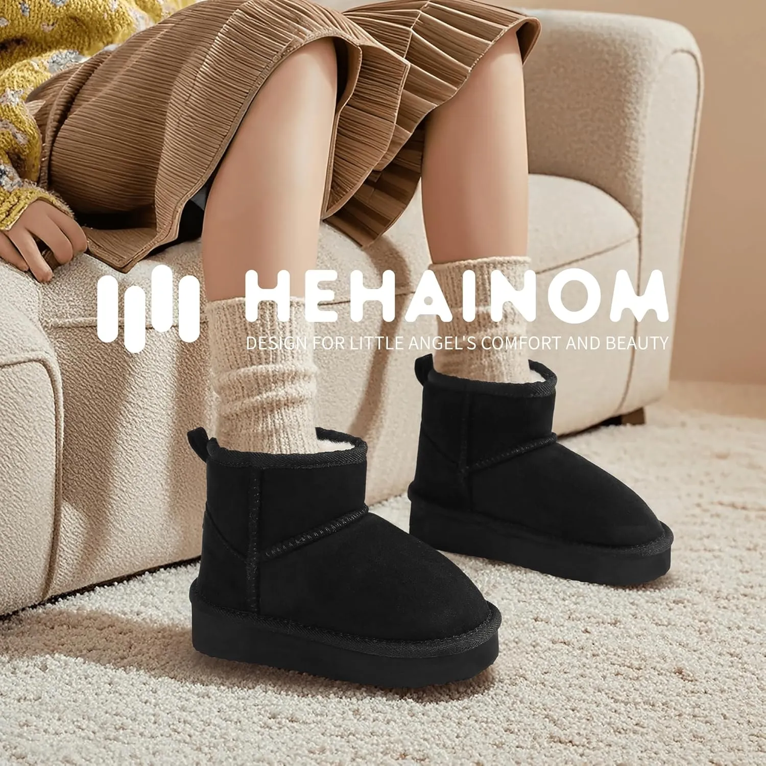 Hehainom Girls Boys Snow Boots Faux Fur Lined Warm Shoes for Toddler Little Big Kid Winter Ankle Boots