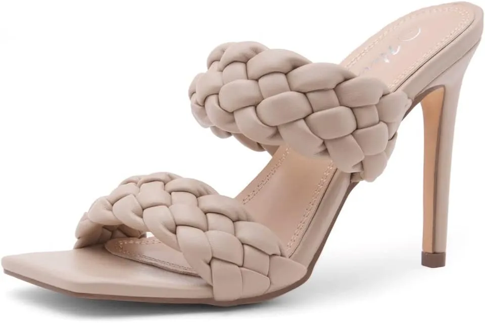 Herstyle Womens Lilah Braided heeled Sandals Square Open Toe Stiletto Heels Double Strappy Dress Casual Pumps Mules
