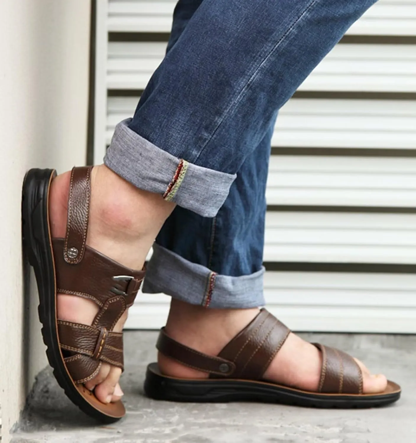 HNVAVQ Men's Sandals Leather Beach Sandals Outdoor Summer Sport Sandals Walking Sandals Fisherman Slippers