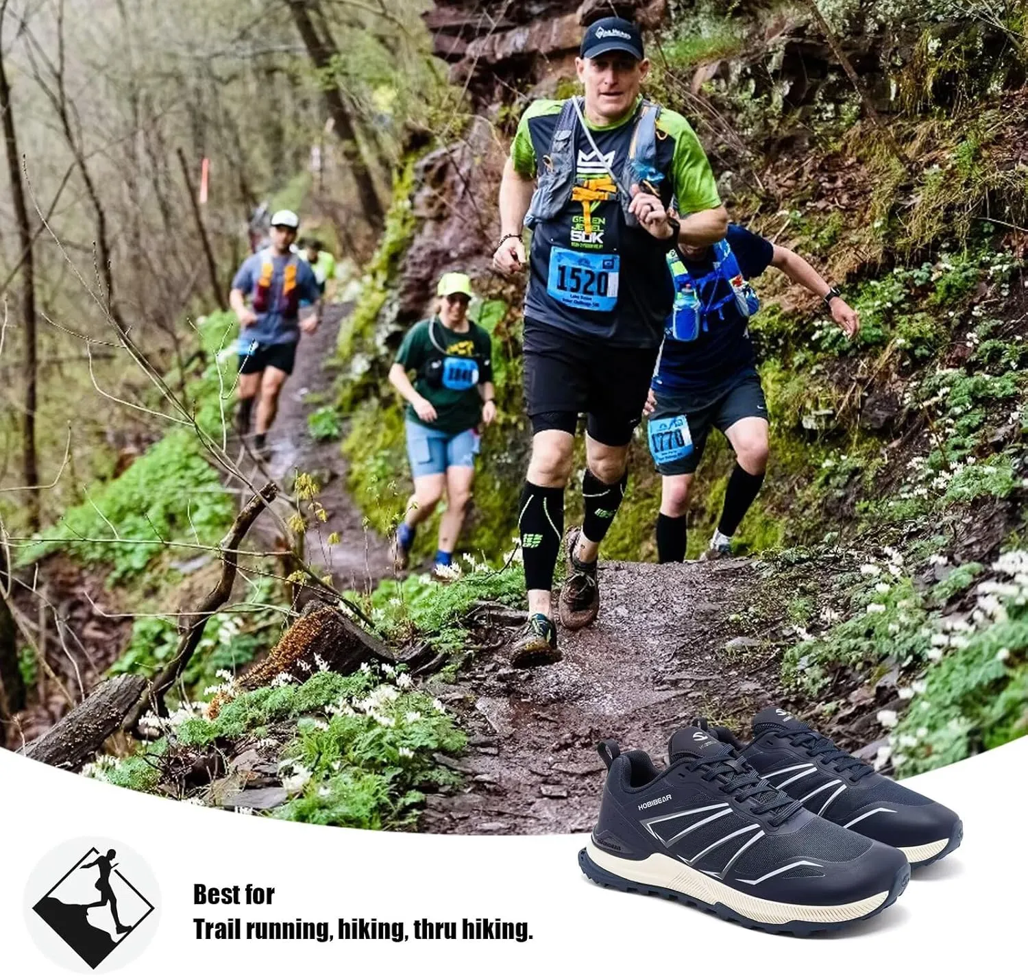 HOBIBEAR Men's Trail Running Shoes | Wide Toe | Trekking | Non-Slip Hiking Sneakers