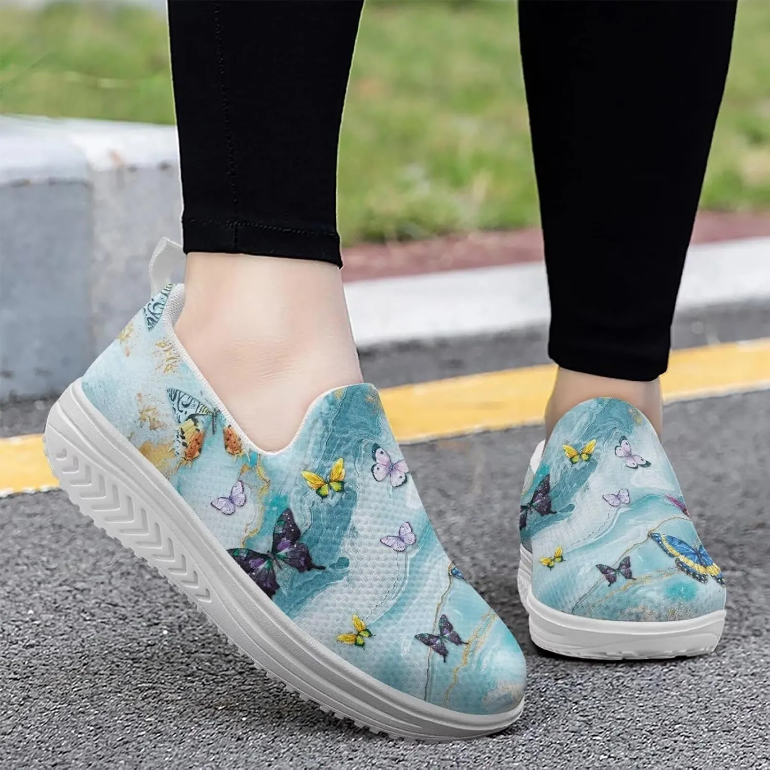 Howilath Butterfly Print Slip on Sneakers Women Platform Shoes Anti-Skid Jogging Sneakers Rocking Bottom Loafers