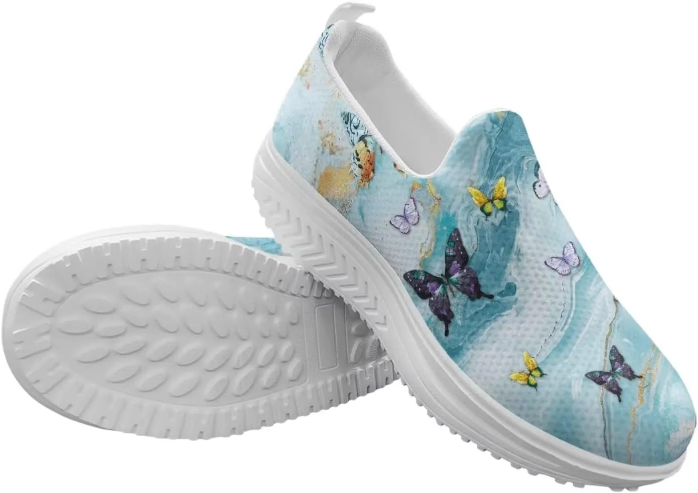 Howilath Butterfly Print Slip on Sneakers Women Platform Shoes Anti-Skid Jogging Sneakers Rocking Bottom Loafers