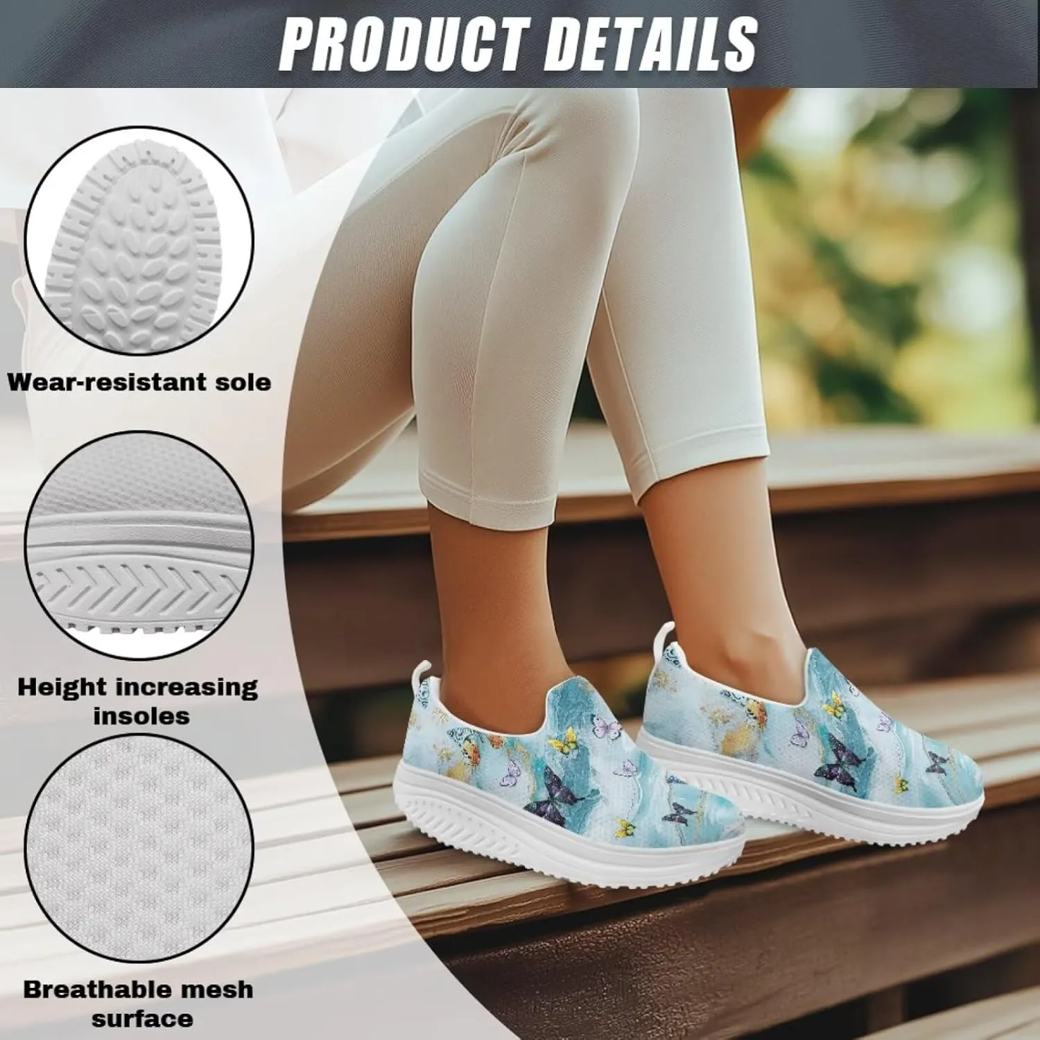 Howilath Butterfly Print Slip on Sneakers Women Platform Shoes Anti-Skid Jogging Sneakers Rocking Bottom Loafers